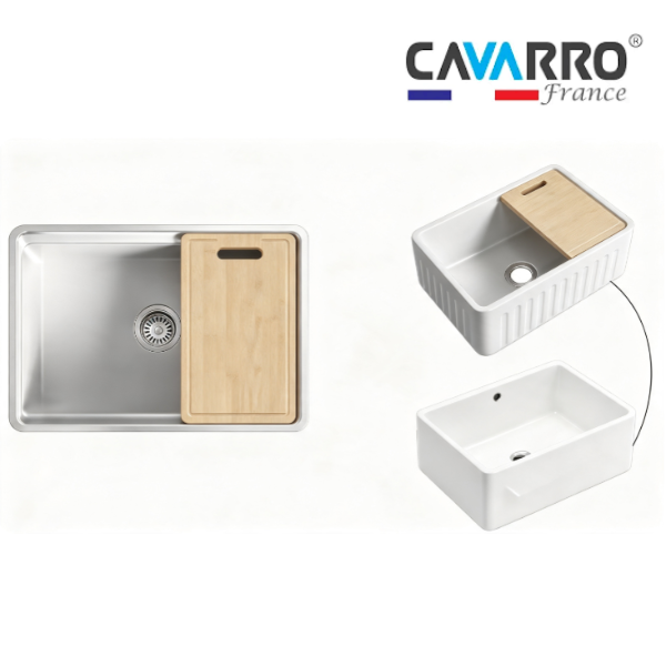 Cavarro Levanzo CFS271810WS 680 × 458mm White Fireclay Reversible Apron Front Single Bowl Workstation Kitchen Sink Flush Mount or Undermount Ideal for Family Kitchens and Food Preparation