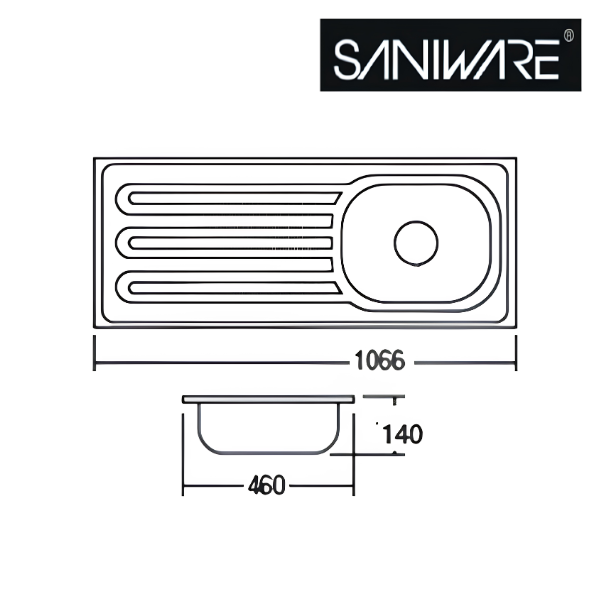 Saniware SKS-10646-SP 1066 x 460 x 140mm Top Mount Stainless Steel Single Bowl Kitchen Sink, Space-Saving