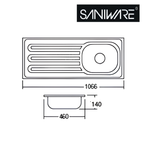 Saniware SKS-10646-SP 1066 x 460 x 140mm Top Mount Stainless Steel Single Bowl Kitchen Sink, Space-Saving