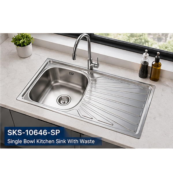 Saniware SKS-10646-SP 1066 x 460 x 140mm Top Mount Stainless Steel Single Bowl Kitchen Sink, Space-Saving