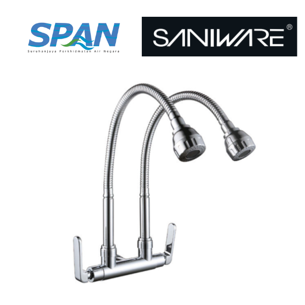 Saniware SWP-BR-3369 Chrome Double Flexible Hose Kitchen Wall Sink Tap Suitable for: Kitchen Sinks, Utility Sinks and Dishwashing Areas Requiring Two Outlets