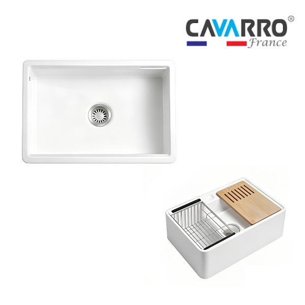 Cavarro Levanzo FG3020 760 × 508mm White Fireclay Smooth Apron Front Single Bowl Workstation Kitchen Sink Flush Mount or Undermount Ideal for Family Kitchens and Food Preparation