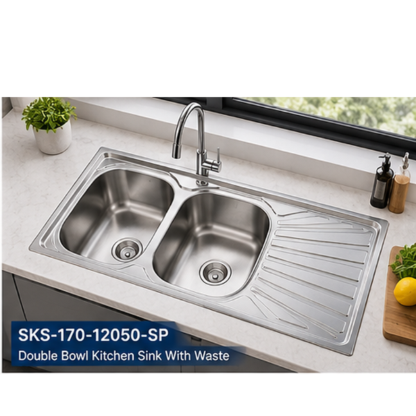 Saniware SKS-170-12050-SP 1200 x 500 x 170mm Top Mount Stainless Steel Double Bowl Kitchen Sink Matt Finish, Heavy-Duty