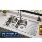 Saniware SKS-170-12050-SP 1200 x 500 x 170mm Top Mount Stainless Steel Double Bowl Kitchen Sink Matt Finish, Heavy-Duty