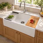 Cavarro Levanzo FG3020 760 × 508mm White Fireclay Smooth Apron Front Single Bowl Workstation Kitchen Sink Flush Mount or Undermount Ideal for Family Kitchens and Food Preparation