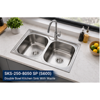 Saniware SKS-250-8050 SP (S600) 800 x 500 x 250mm Top Mount Stainless Steel Double Bowl Kitchen Sink Matt Finish Silver, Heavy-Duty Household