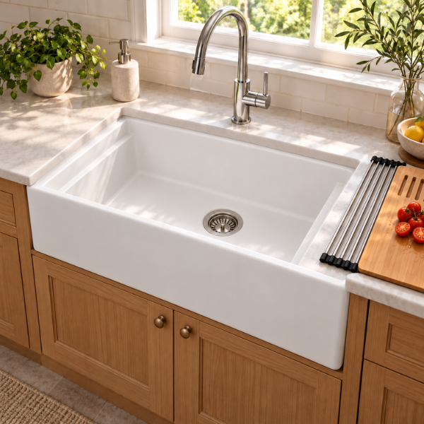 Cavarro Levanzo FG3020 760 × 508mm White Fireclay Smooth Apron Front Single Bowl Workstation Kitchen Sink Flush Mount or Undermount Ideal for Family Kitchens and Food Preparation