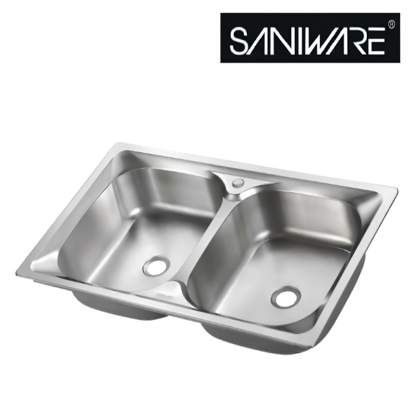 Saniware SKS-170-8048 SP (S600) 800 x 480 x 170mm Top Mount Stainless Steel Double Bowl Kitchen Sink Matt Finish Silver, Practical & Space-Saving