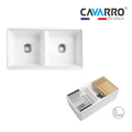 Cavarro Levanzo FG332010D 835 × 508mm White Fireclay Smooth Apron Front Double Bowl Workstation Kitchen Sink Flush Mount or Undermount Ideal for Family Kitchens and Home Cooks
