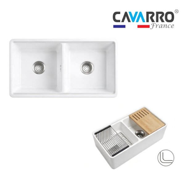 Cavarro Levanzo FG332010D 835 × 508mm White Fireclay Smooth Apron Front Double Bowl Workstation Kitchen Sink Flush Mount or Undermount Ideal for Family Kitchens and Home Cooks