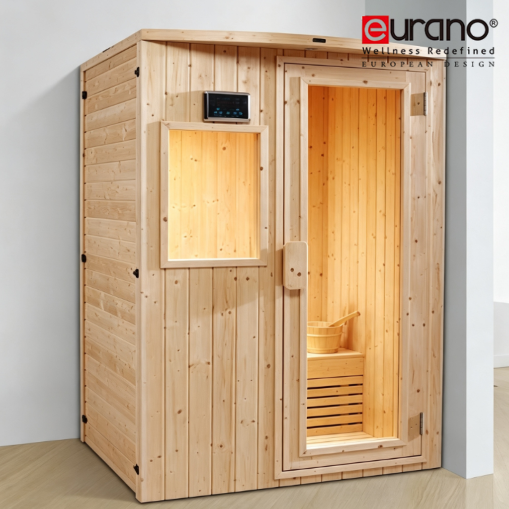 Eurano ERN 89930 Finnish White Pine Traditional Sauna Cabin (1220×1020×1950mm) 3.0KW Carbon Fibre Heater with Digital Control & FM Radio