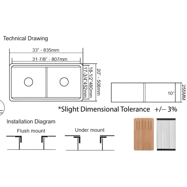 Cavarro Levanzo FG332010D 835 × 508mm White Fireclay Smooth Apron Front Double Bowl Workstation Kitchen Sink Flush Mount or Undermount Ideal for Family Kitchens and Home Cooks