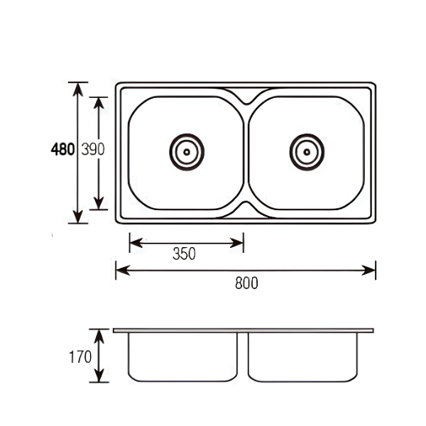 Saniware SKS-170-8048 SP (S600) 800 x 480 x 170mm Top Mount Stainless Steel Double Bowl Kitchen Sink Matt Finish Silver, Practical & Space-Saving