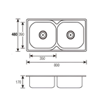 Saniware SKS-170-8048 SP (S600) 800 x 480 x 170mm Top Mount Stainless Steel Double Bowl Kitchen Sink Matt Finish Silver, Practical & Space-Saving