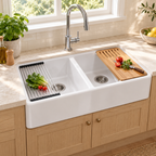 Cavarro Levanzo FG332010D 835 × 508mm White Fireclay Smooth Apron Front Double Bowl Workstation Kitchen Sink Flush Mount or Undermount Ideal for Family Kitchens and Home Cooks