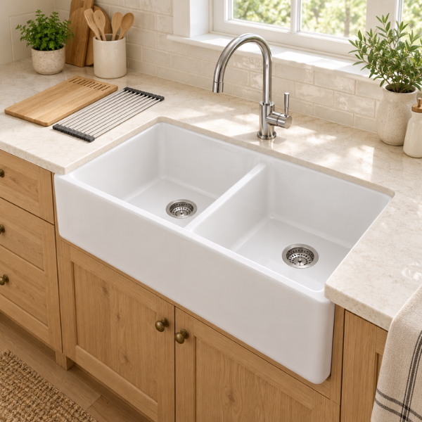 Cavarro Levanzo FG332010D 835 × 508mm White Fireclay Smooth Apron Front Double Bowl Workstation Kitchen Sink Flush Mount or Undermount Ideal for Family Kitchens and Home Cooks