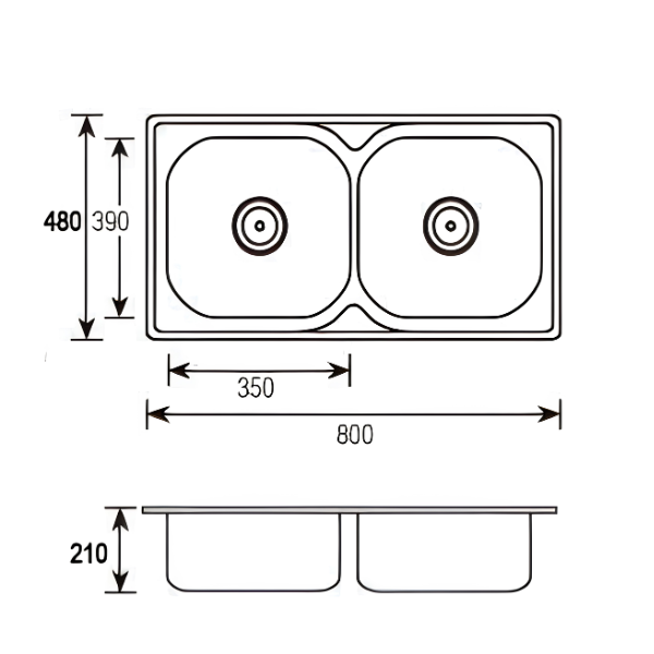 Saniware SKS-210-8048 SP (S600) 800 x 480 x 210mm Top Mount Stainless Steel Double Bowl Kitchen Sink Matt Finish Silver, Deep & Spacious