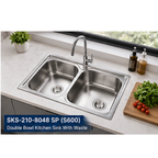 Saniware SKS-210-8048 SP (S600) 800 x 480 x 210mm Top Mount Stainless Steel Double Bowl Kitchen Sink Matt Finish Silver, Deep & Spacious