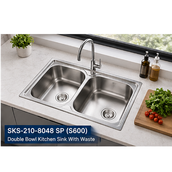 Saniware SKS-210-8048 SP (S600) 800 x 480 x 210mm Top Mount Stainless Steel Double Bowl Kitchen Sink Matt Finish Silver, Deep & Spacious