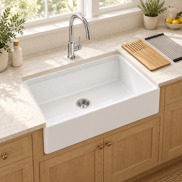 Cavarro Levanzo FG3320 835 × 508mm White Fireclay Smooth Apron Front Single Bowl Workstation Kitchen Sink Flush Mount or Undermount Ideal for Family Kitchens and Home Cooks