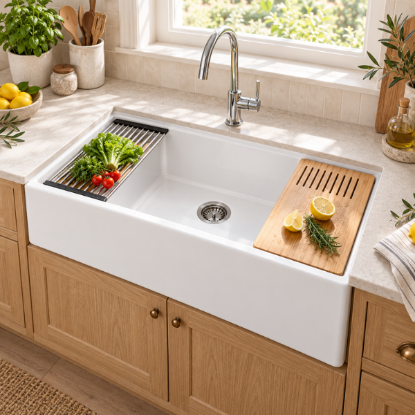 Cavarro Levanzo FG3320 835 × 508mm White Fireclay Smooth Apron Front Single Bowl Workstation Kitchen Sink Flush Mount or Undermount Ideal for Family Kitchens and Home Cooks