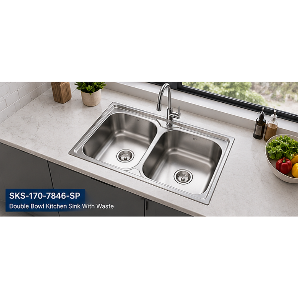 Saniware SKS-170-7846-SP 780 x 460 x 170mm Matt Finish Top Mount Stainless Steel Double Bowl Kitchen Sink
