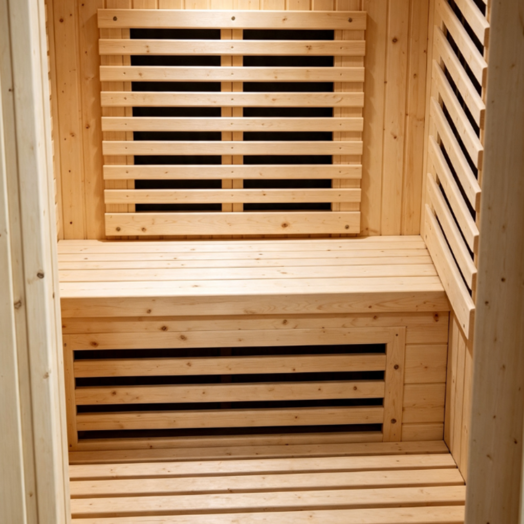 Eurano ERN 89931 Square Natural Wood Sauna Cabin (920x920x1950mm) 3.0KW Carbon Fibre Heater with Smart Control Panel & LED Lighting