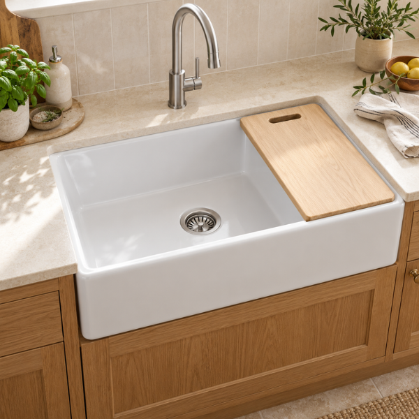 Cavarro Levanzo CFR3320W 832 × 502mm White Fireclay Smooth Apron Front Single Bowl Workstation Kitchen Sink Flush Mount or Undermount Ideal for Family Kitchens and Home Cooks