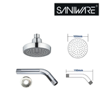 Saniware SSH-4401 (S600) 4" 100mm ABS Rain Shower Head with 150mm Wall Arm Polished Chrome, Modern Minimalist Design