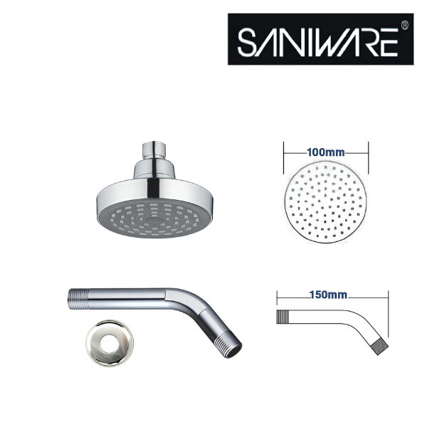 Saniware SSH-4401 (S600) 4" 100mm ABS Rain Shower Head with 150mm Wall Arm Polished Chrome, Modern Minimalist Design