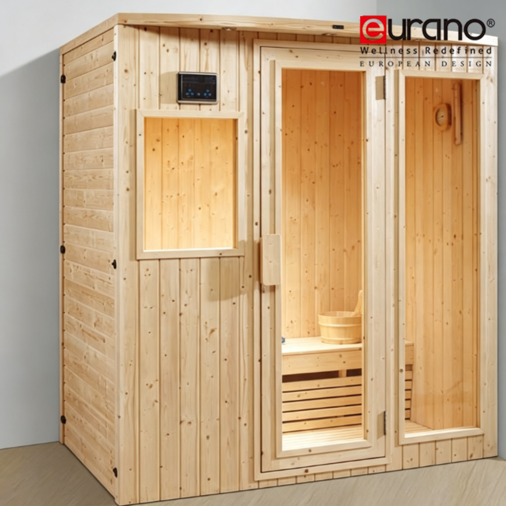 Eurano ERN 89926 Spacious Rectangular Natural Wood Sauna Cabin (1820x1120x1950mm) 3.0KW Sauna Stove with Smart Control & LED Lighting