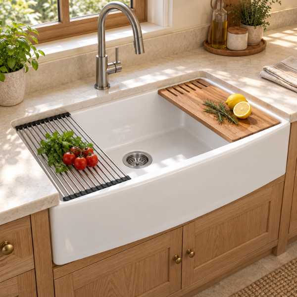 Cavarro Levanzo CF332110WS 826 × 527mm White Fireclay Curved Apron Front Single Bowl Workstation Kitchen Sink Flush Mount or Undermount Ideal for Family Kitchens and Home Cooks