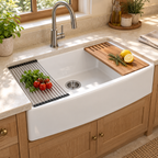 Cavarro Levanzo CF332110WS 826 × 527mm White Fireclay Curved Apron Front Single Bowl Workstation Kitchen Sink Flush Mount or Undermount Ideal for Family Kitchens and Home Cooks