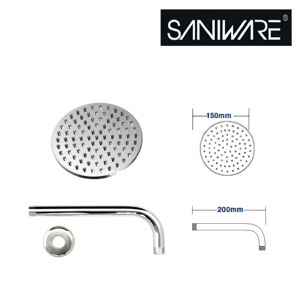 Saniware SSH-4601 (S600) 6" 150mm ABS Rain Shower Head with 200mm Wall Arm Polished Chrome, Luxurious Full-Coverage Design