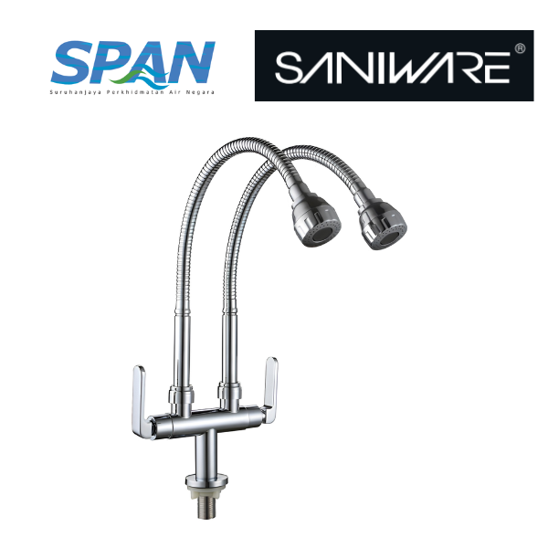 Saniware SWP-BR-3370 Chrome Double Flexible Hose Kitchen Pillar Sink Tap Suitable for: Kitchen Sinks, Utility Sinks and Dishwashing Areas Requiring Two Outlets