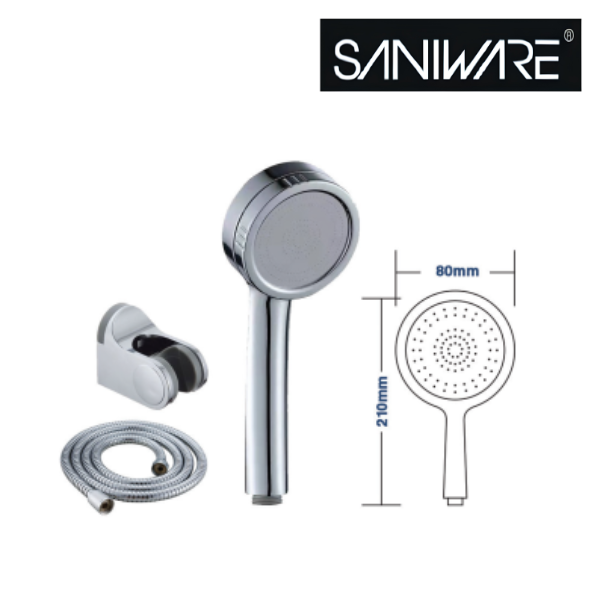 Saniware SHS-5501 (S600) 80mm Functional Hand Shower with Holder & Flexible Hose Polished Chrome, Compact & Practical