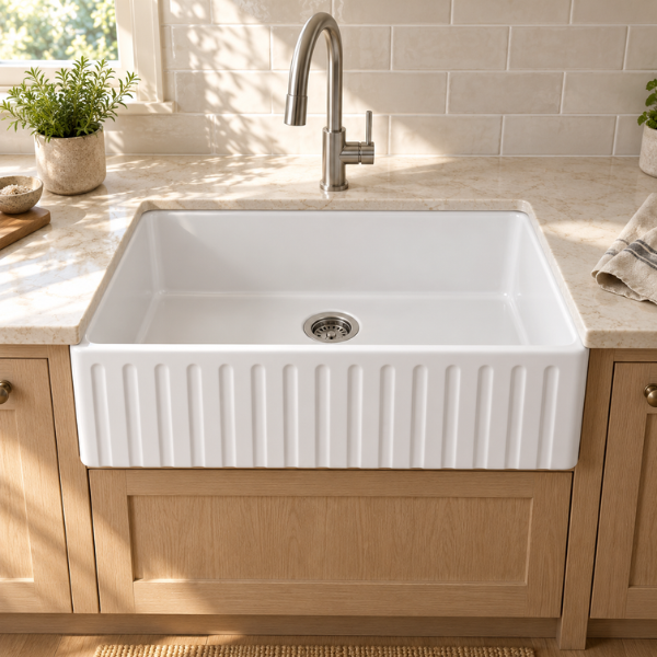 Cavarro Levanzo FG302010N 760 × 508mm White Fireclay Reversible Smooth or Fluted Apron Front Single Bowl Kitchen Sink Flush Mount or Undermount Ideal for Family Kitchens and Home Cooks