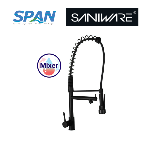 Saniware SWP-SS-MX-3303-B Black Flexible Hose Kitchen Pillar Sink Mixer Tap Suitable for: Kitchen Sinks, Utility Sinks and Dishwashing Areas