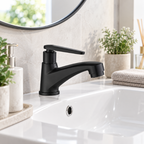 Saniware SWP-SS-304-60-B Stainless Steel Basin Pillar Tap Matt Black, 112mm Projection