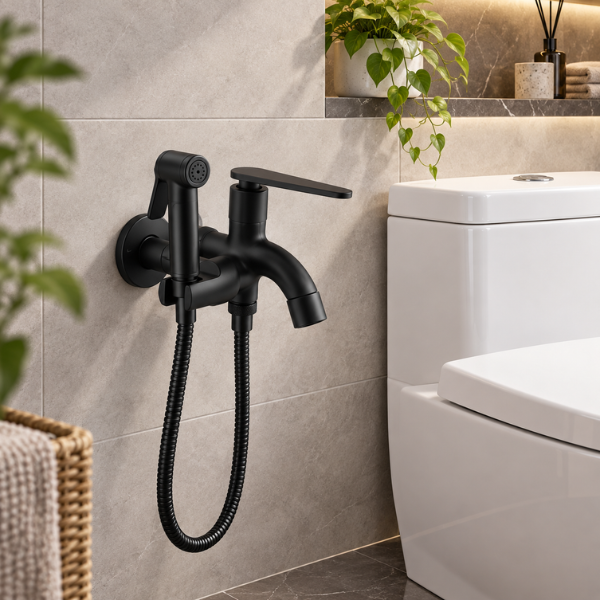 Saniware SWP-SS-304-68-BA Stainless Steel Two-Way Tap with Bidet Holder Matt Black