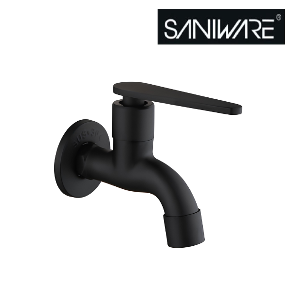 Saniware SWP-SS-304-67-BA Stainless Steel Wall Bib Tap Matt Black, 77mm Projection