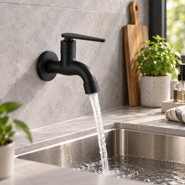 Saniware SWP-SS-304-67-BA Stainless Steel Wall Bib Tap Matt Black, 77mm Projection