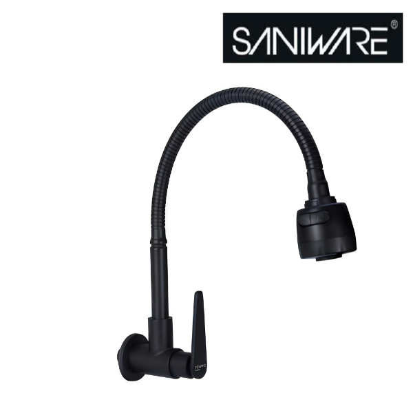 Saniware SWP-SS-304-73-B Stainless Steel Flexible Hose Kitchen Wall Sink Tap Matt Black, 285mm Height