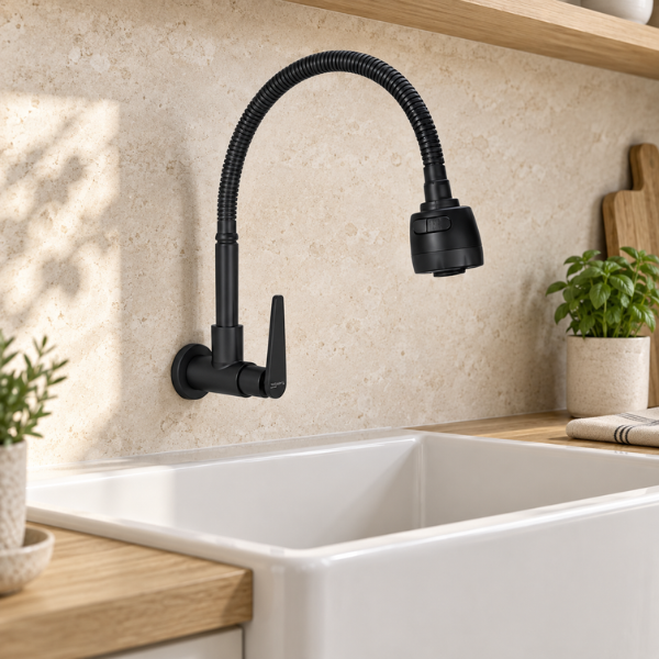 Saniware SWP-SS-304-73-B Stainless Steel Flexible Hose Kitchen Wall Sink Tap Matt Black, 285mm Height