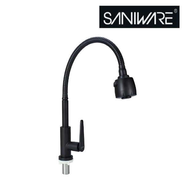 Saniware SWP-SS-304-74-B Stainless Steel Flexible Hose Kitchen Pillar Sink Tap Matt Black, 325mm Height