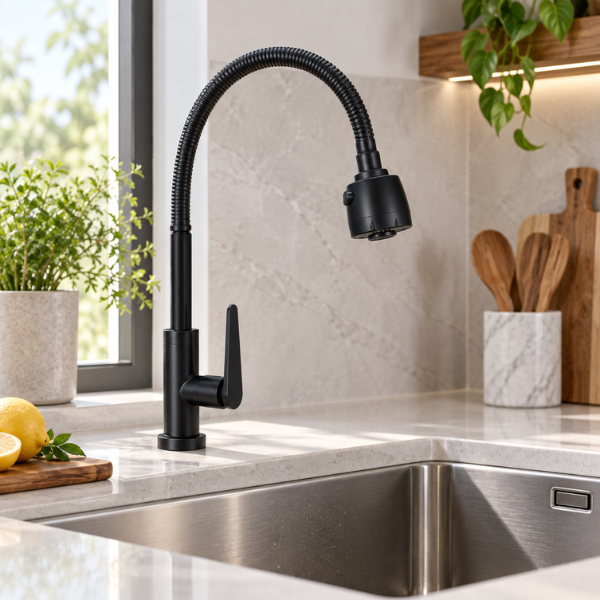 Saniware SWP-SS-304-74-B Stainless Steel Flexible Hose Kitchen Pillar Sink Tap Matt Black, 325mm Height