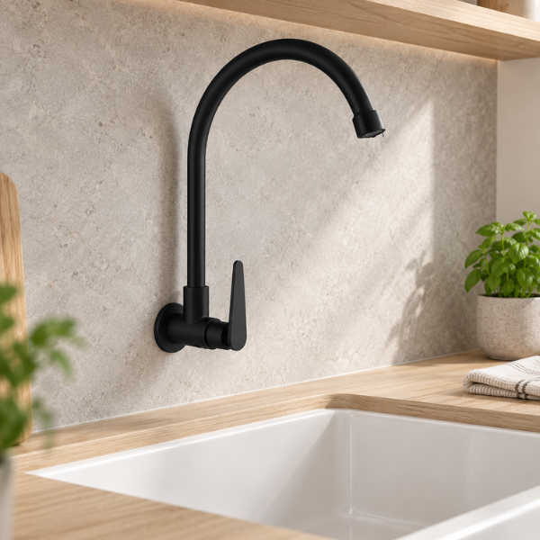 Saniware SWP-SS-304-64-B Stainless Steel High-Arch Kitchen Wall Sink Tap Matt Black