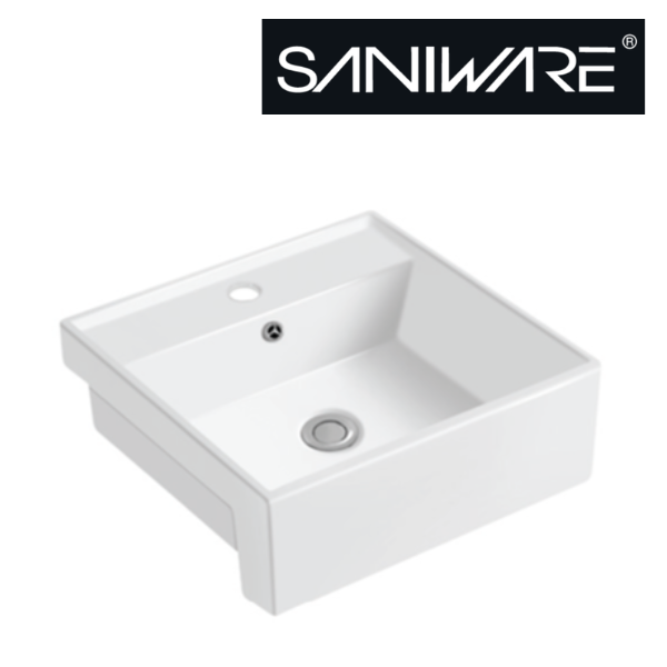 Saniware WB-456 460mm Ceramic White Semi Recessed Basin Sinki Tandas Bilik Mandi For Bathroom Vanity, Powder Room & Renovation Projects
