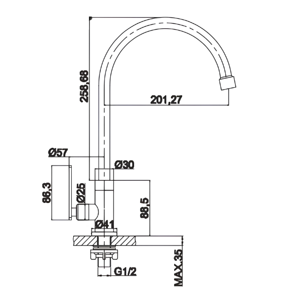 Saniware SWP-SS-304-65-B Stainless Steel High-Arch Kitchen Pillar Sink Tap Matt Black