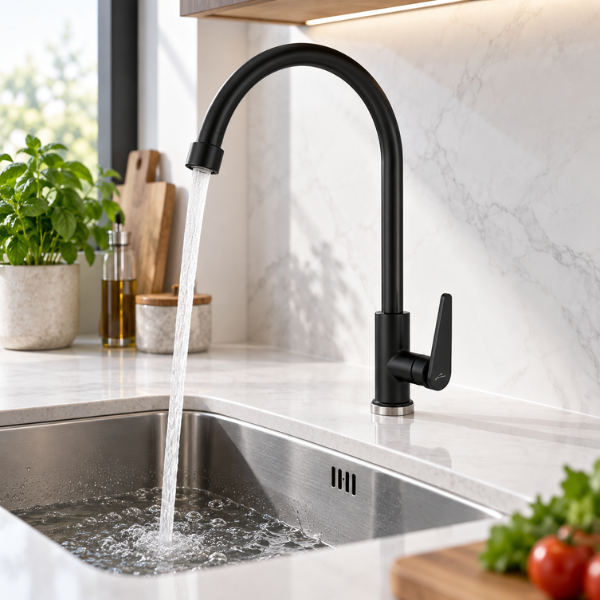 Saniware SWP-SS-304-65-B Stainless Steel High-Arch Kitchen Pillar Sink Tap Matt Black